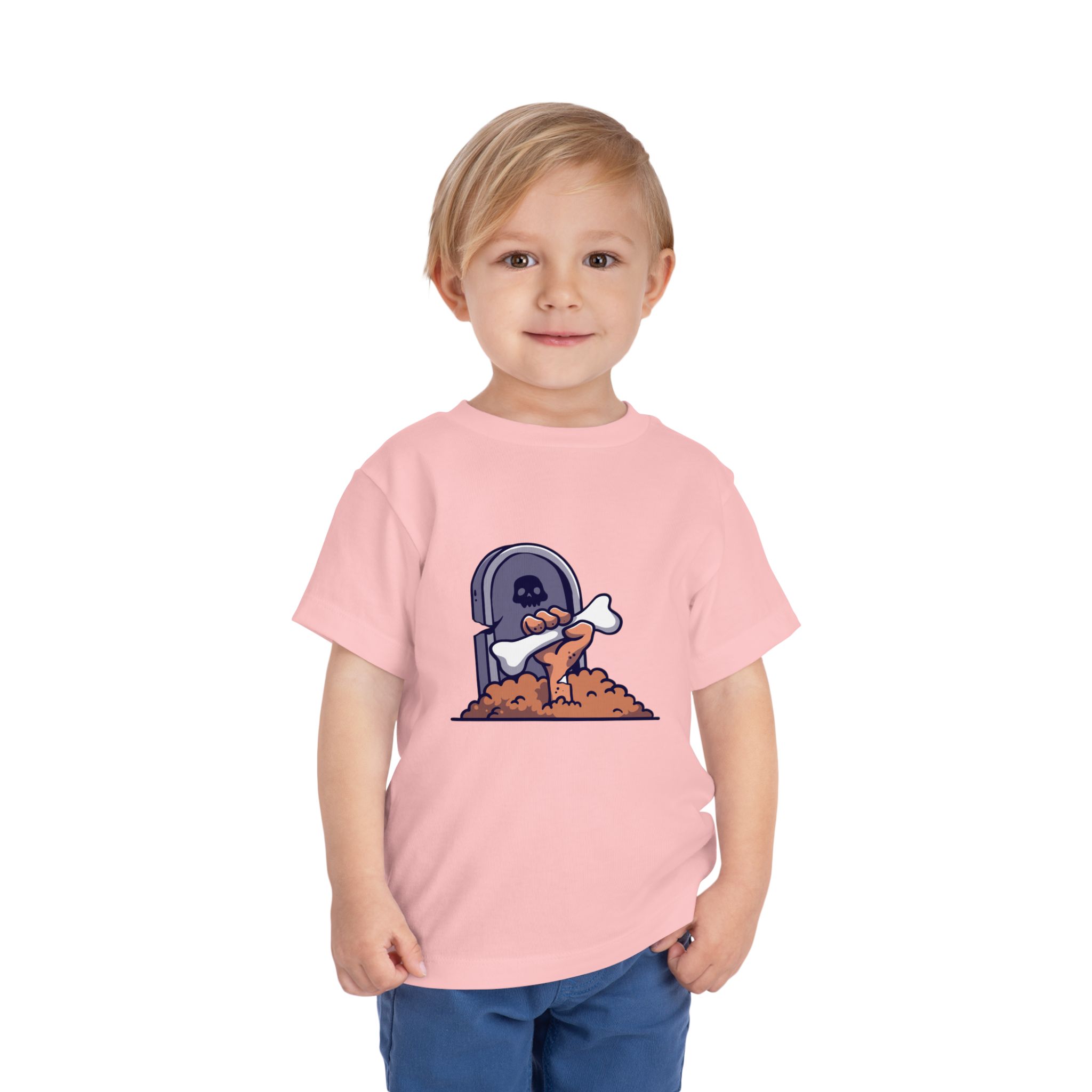 Zombie coming out of the ground in front of a tombstone on a shirt in the color Pink - Memento Mary