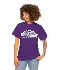 Memento Mori in white on a shirt in the color Purple - Memento Mary