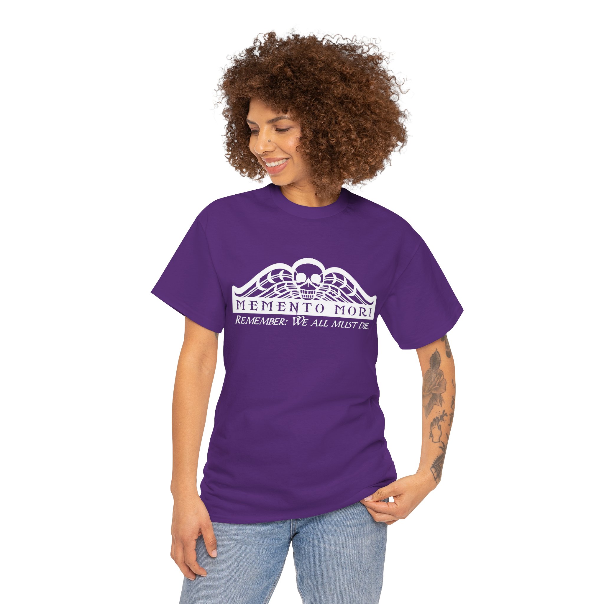 Memento Mori in white on a shirt in the color Purple - Memento Mary