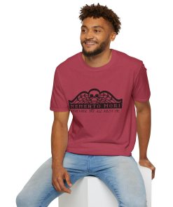 Memento Mori in black on a shirt in the color Heather Cardinal - Memento Mary