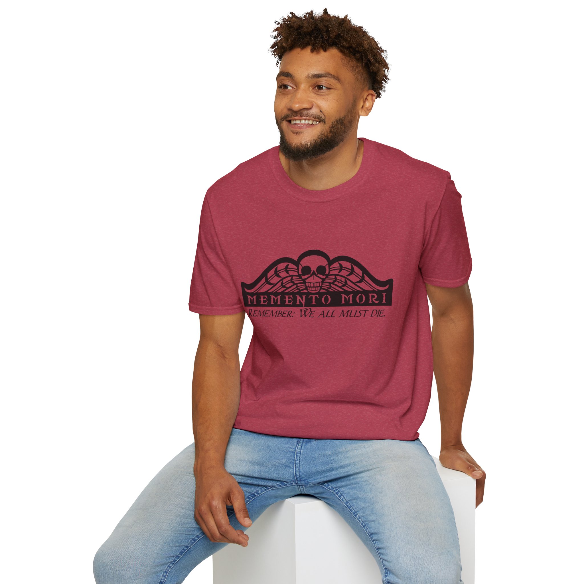Memento Mori in black on a shirt in the color Heather Cardinal - Memento Mary