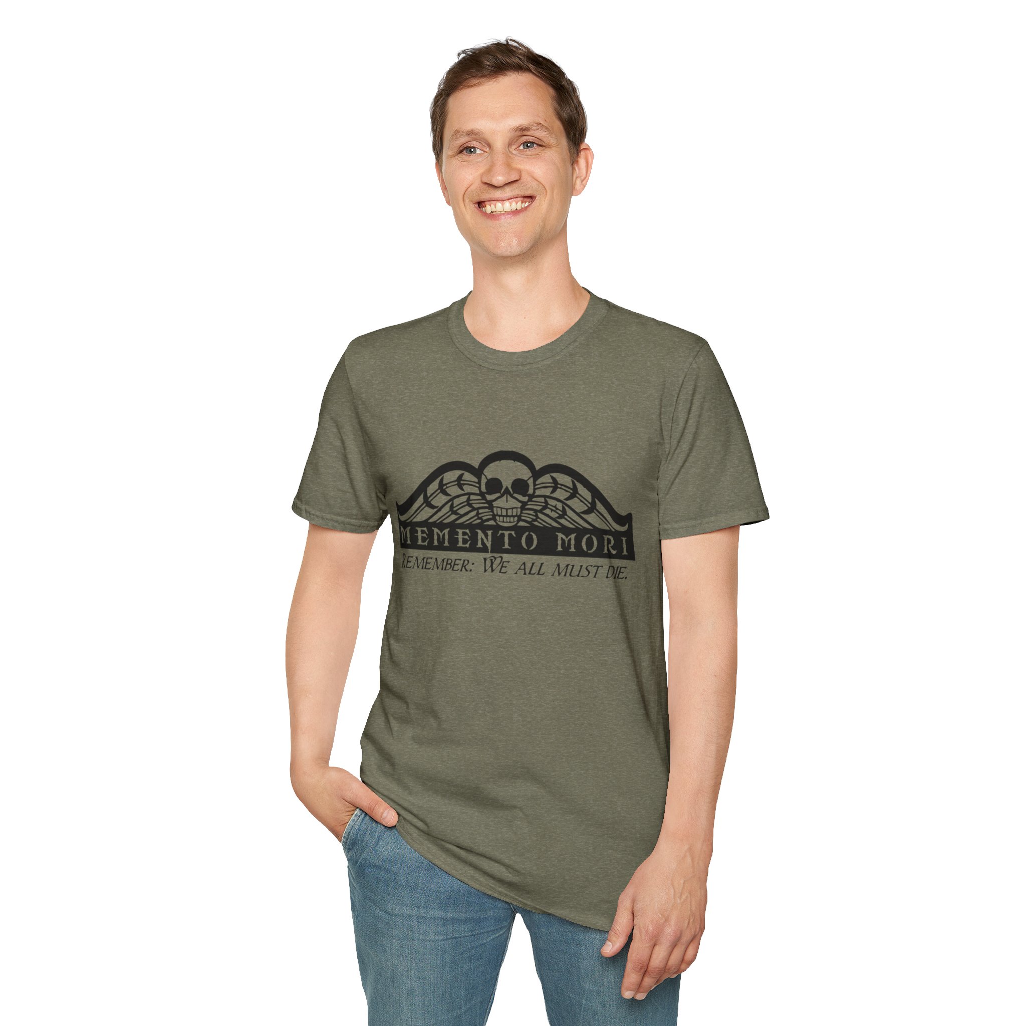 Memento Mori in black on a shirt in the color Heather Military Green - Memento Mary