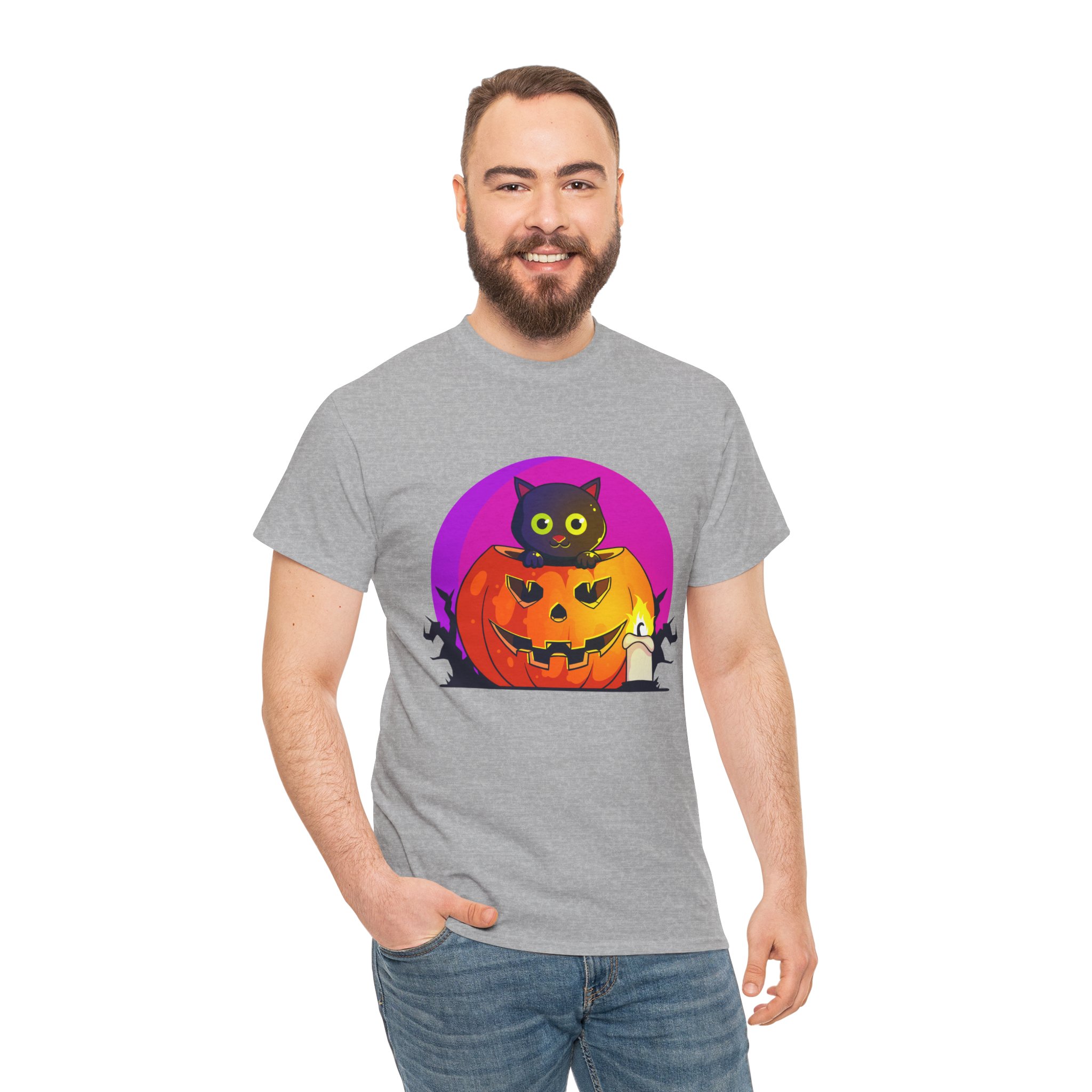 Cat O'Lantern on a tshirt in the color of Sport Gray - Memento Mary