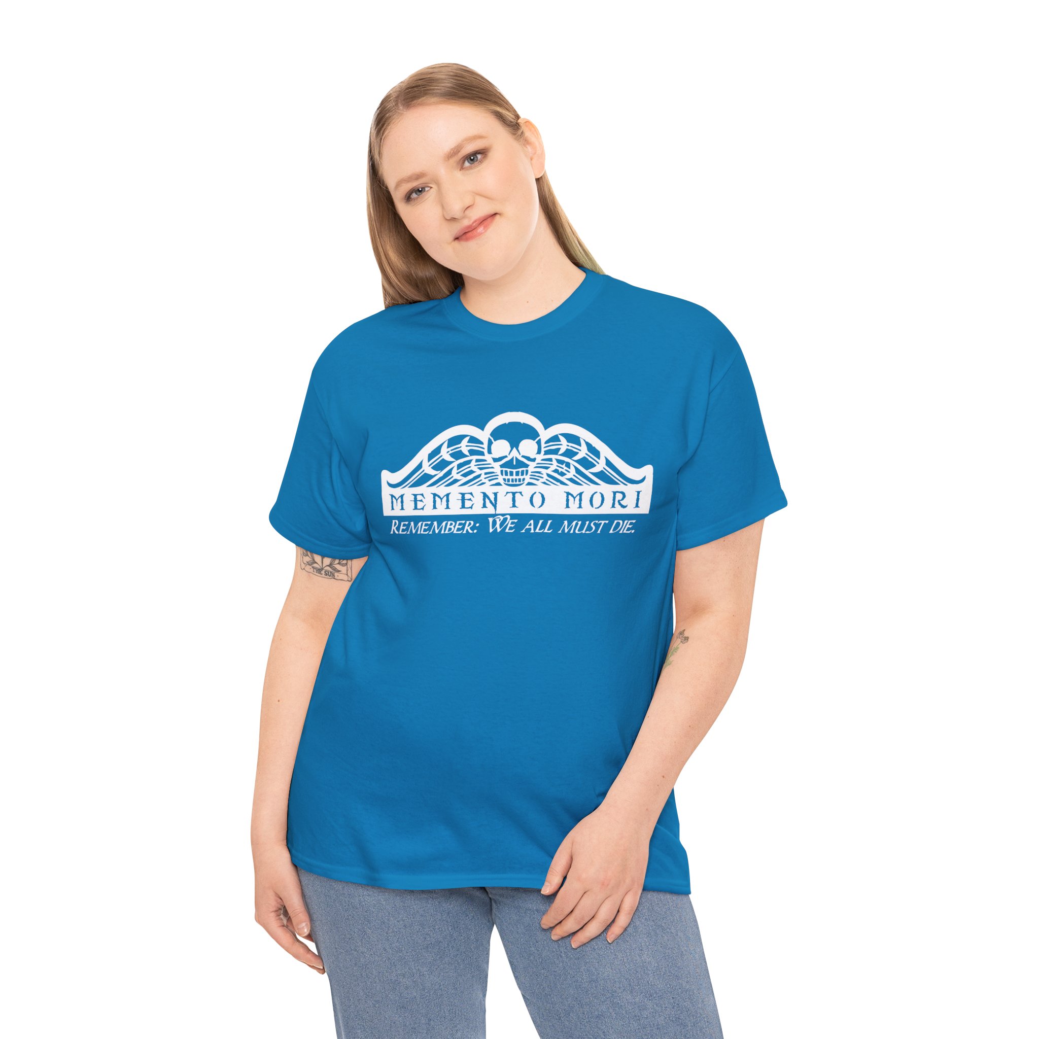 Memento Mori in white on a shirt in the color Sapphire - Memento Mary