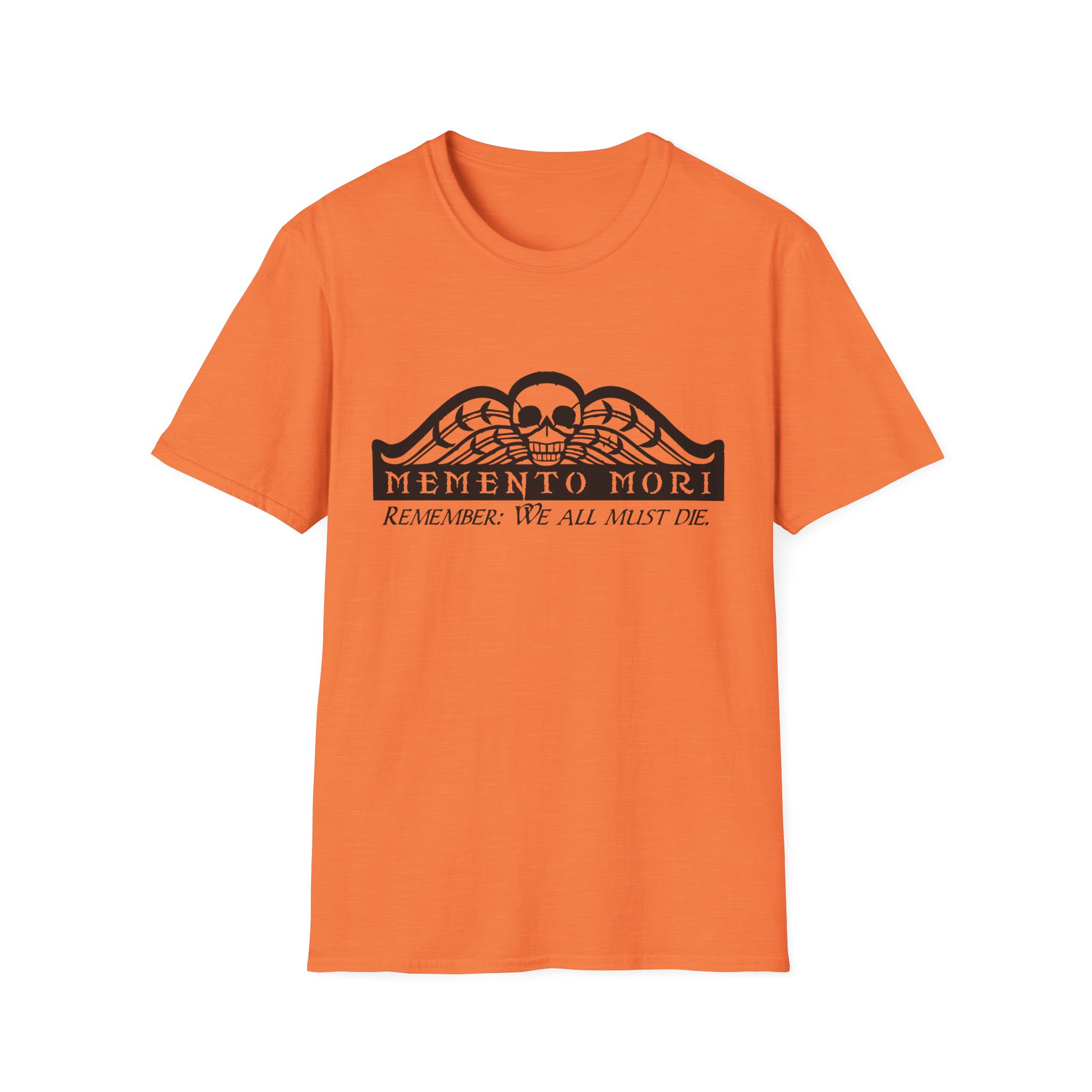 Memento Mori in black on a shirt in the color Heather Orange - Memento Mary