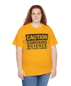 Caution, contains science! May cause thinking on a shirt in the color Gold - Memento Mary