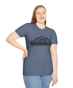 Memento Mori in black on a shirt in the color Heather Indigo - Memento Mary