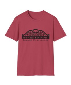 Memento Mori in black on a shirt in the color Heather Cardinal - Memento Mary