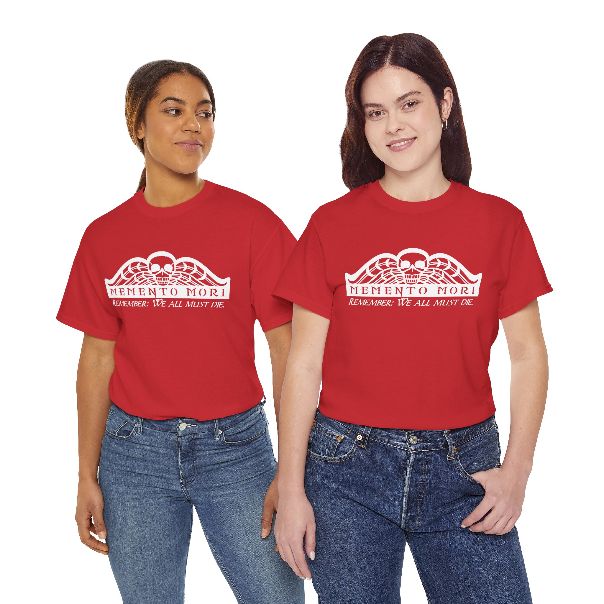 Memento Mori in white on a shirt in the color Red - Memento Mary
