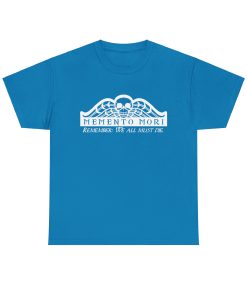 Memento Mori in white on a shirt in the color Sapphire - Memento Mary