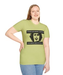 'It's not easy having a good time...even smiling makes my face ache' on a shirt in the color Pistachio. - Memento Mary