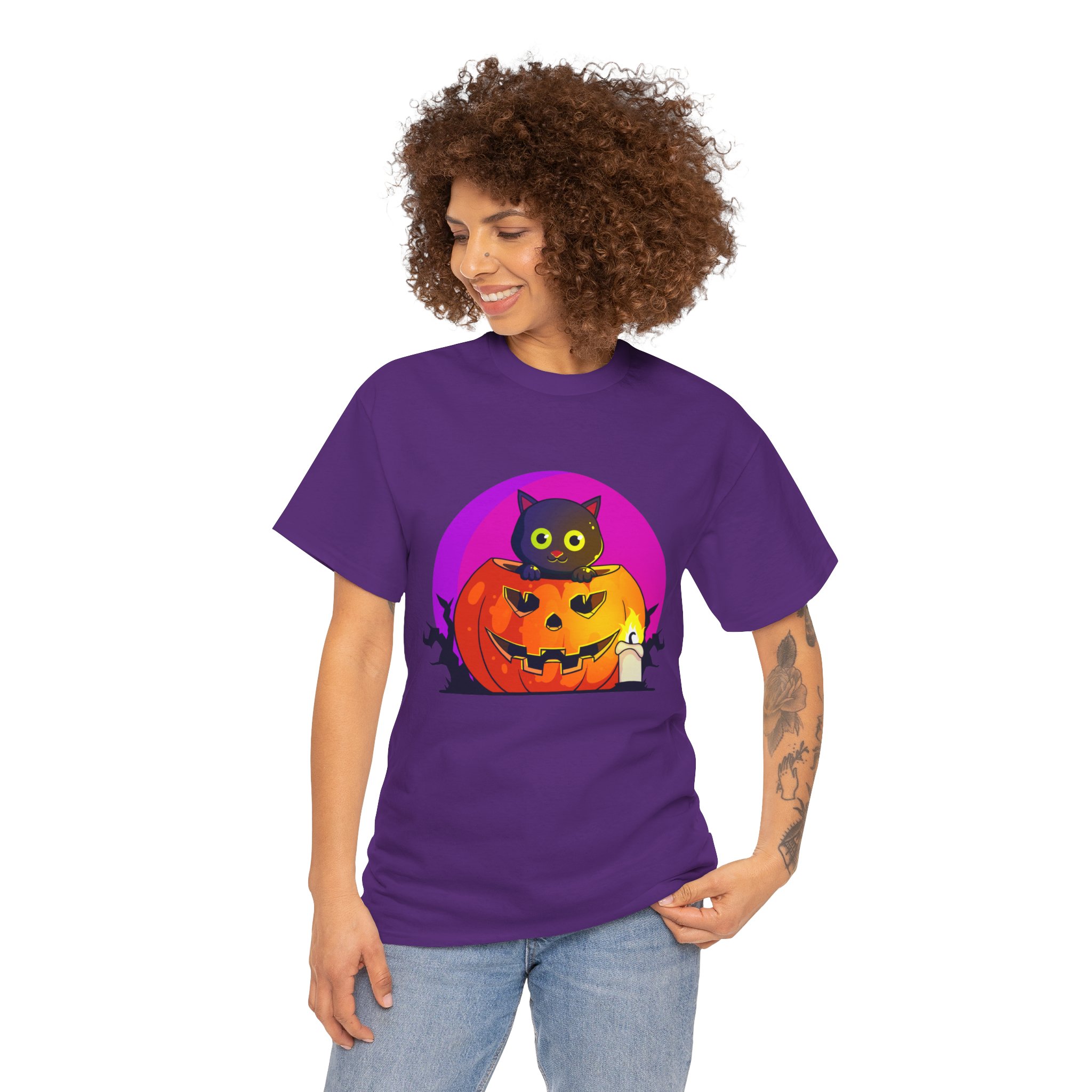 Cat O'Lantern on a tshirt in the color of Purple - Memento Mary