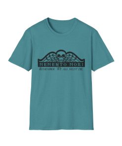 Memento Mori in black on a shirt in the color Heather Galapagos Blue - Memento Mary