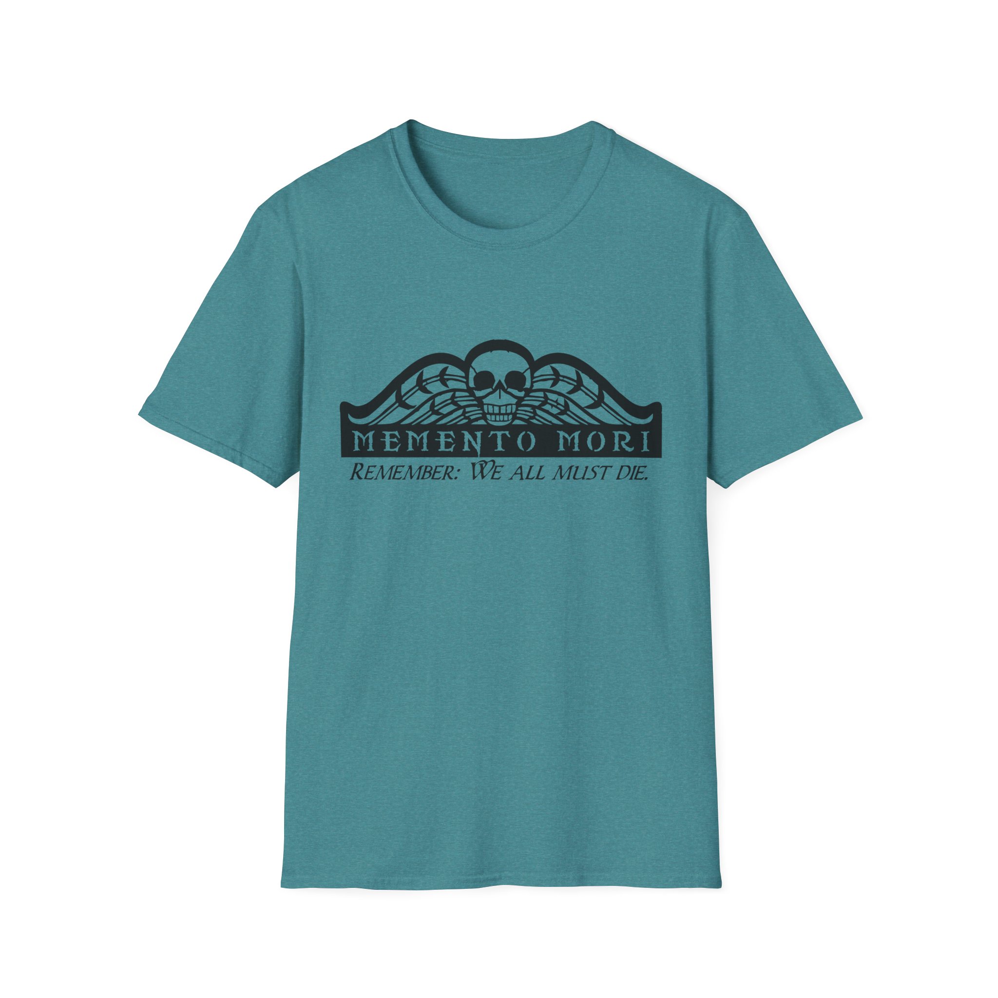 Memento Mori in black on a shirt in the color Heather Galapagos Blue - Memento Mary