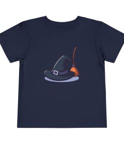 Witches hat and broom on a shirt in the color Navy - Memento Mary
