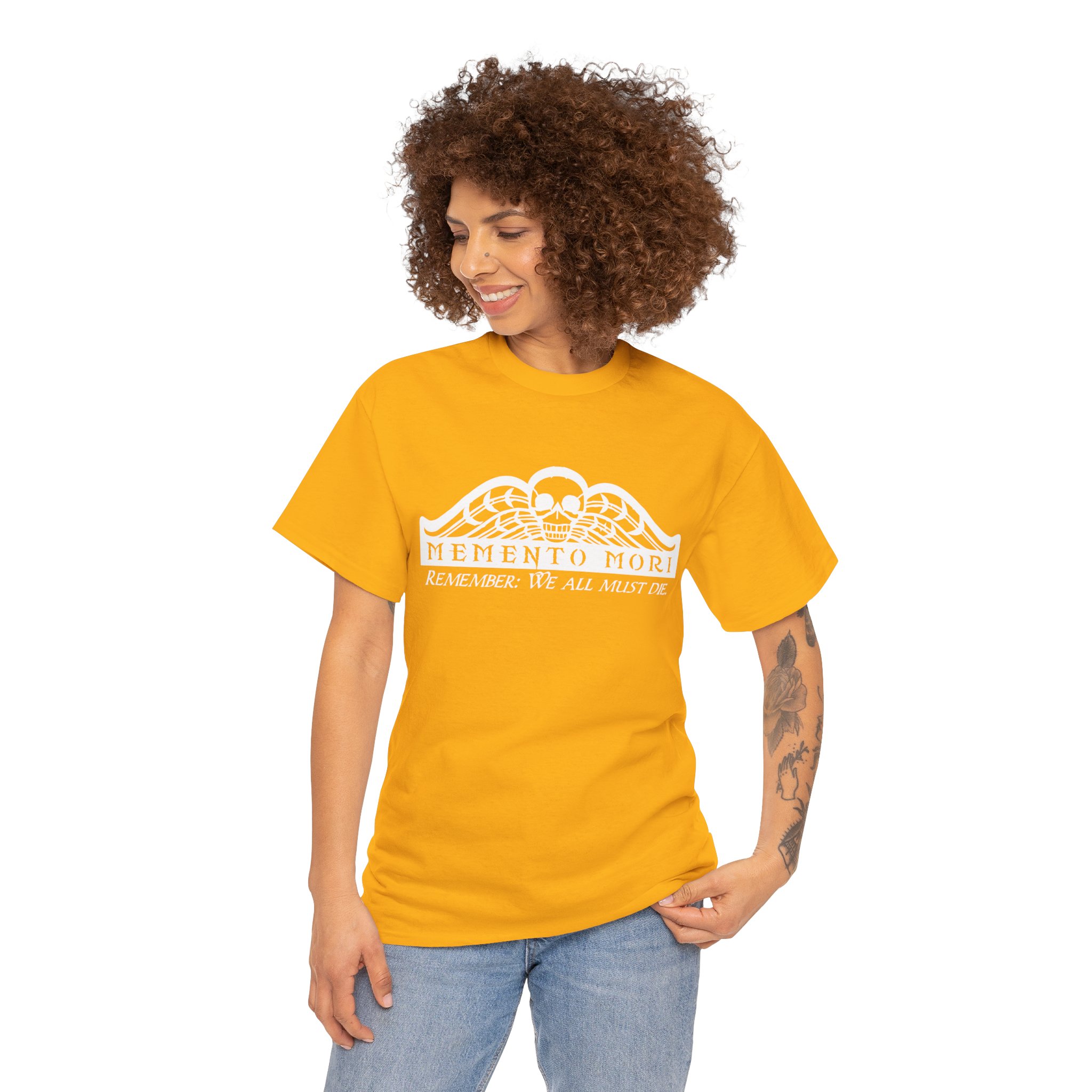 Memento Mori in white on a shirt in the color Gold - Memento Mary