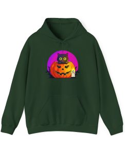Cat O'Lantern on a hoodie in the color of Forest Green - Memento Mary