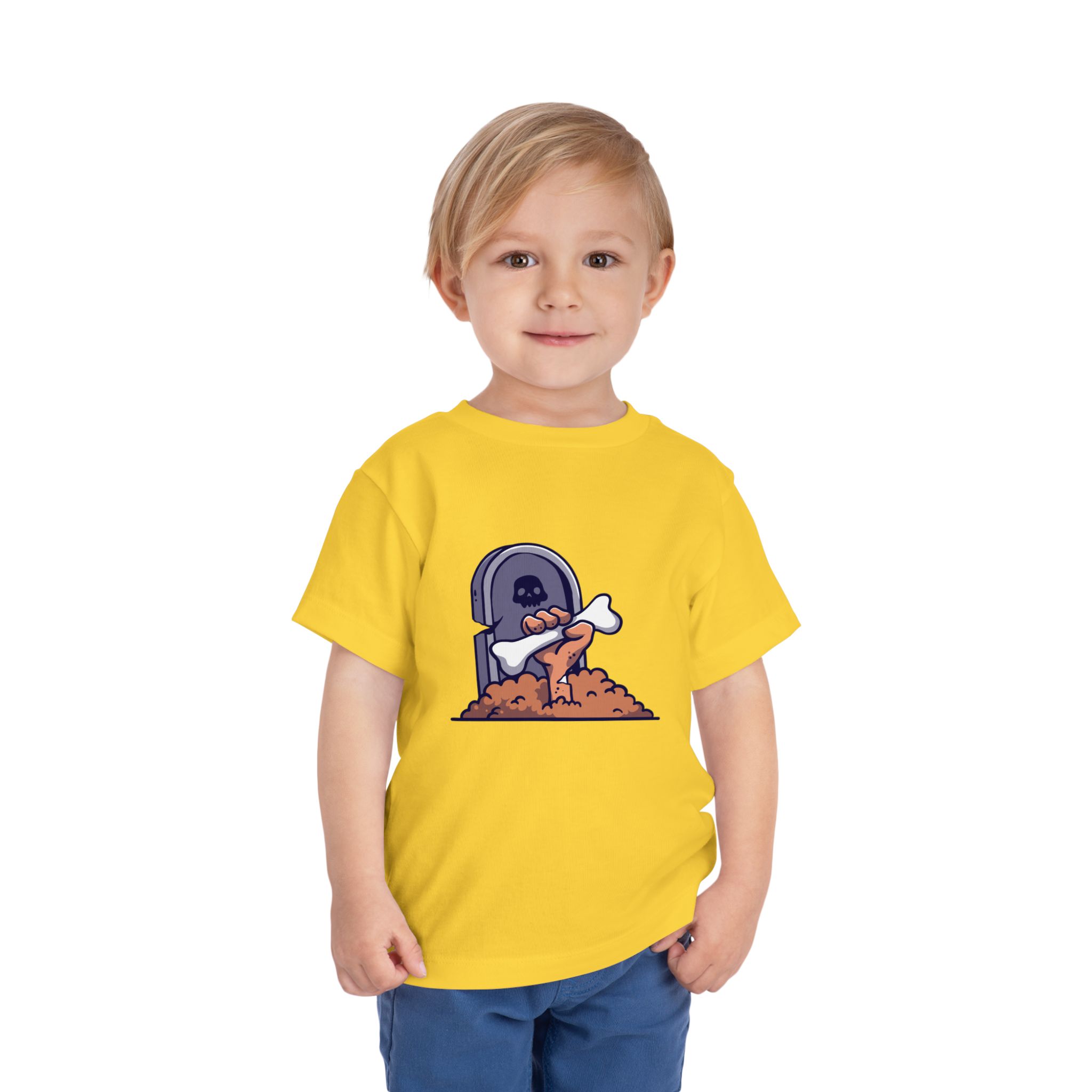 Zombie coming out of the ground in front of a tombstone on a shirt in the color Yellow - Memento Mary