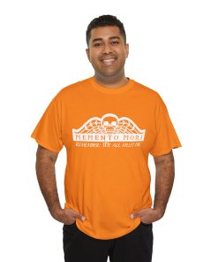 Memento Mori in white on a shirt in the color Safety Orange - Memento Mary
