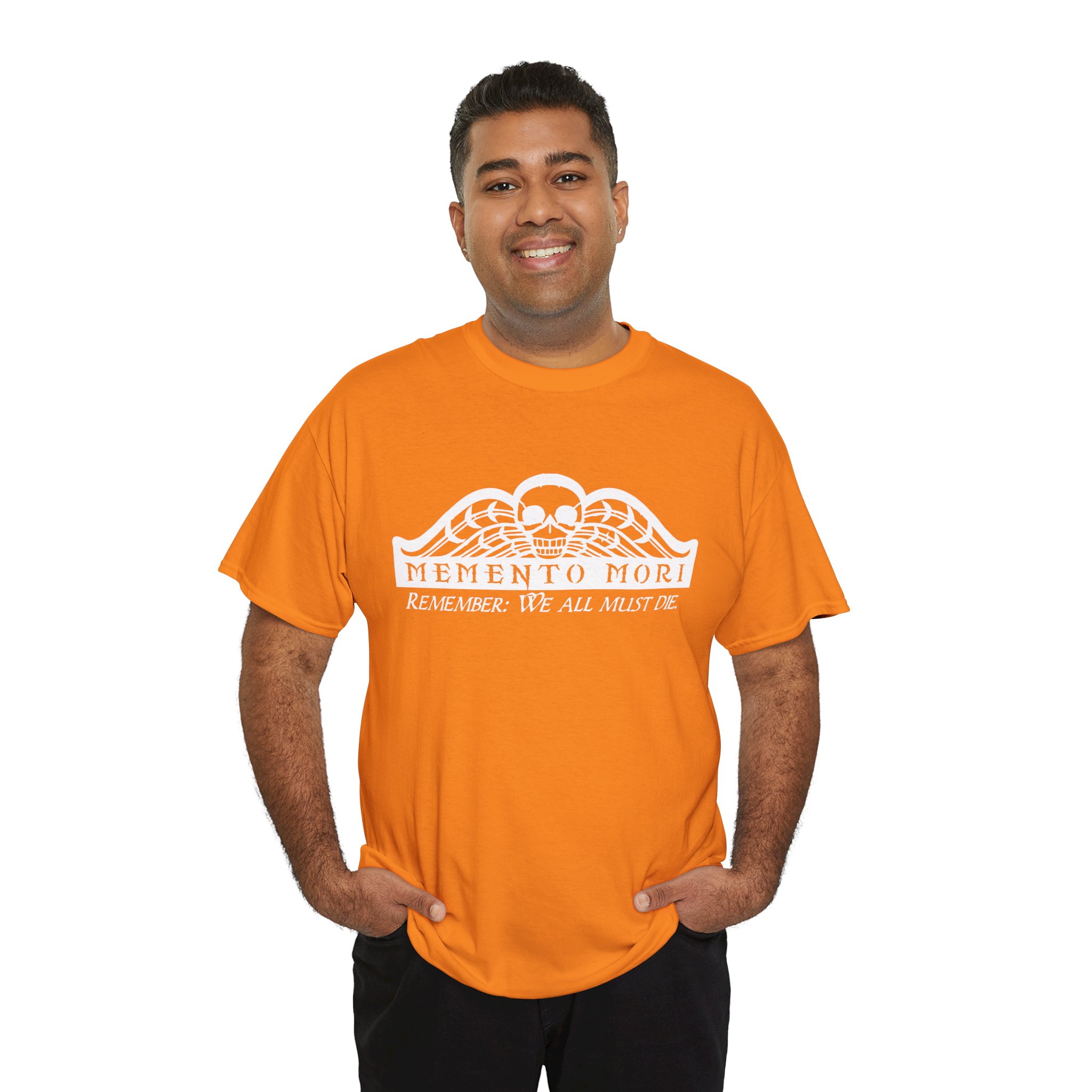 Memento Mori in white on a shirt in the color Safety Orange - Memento Mary