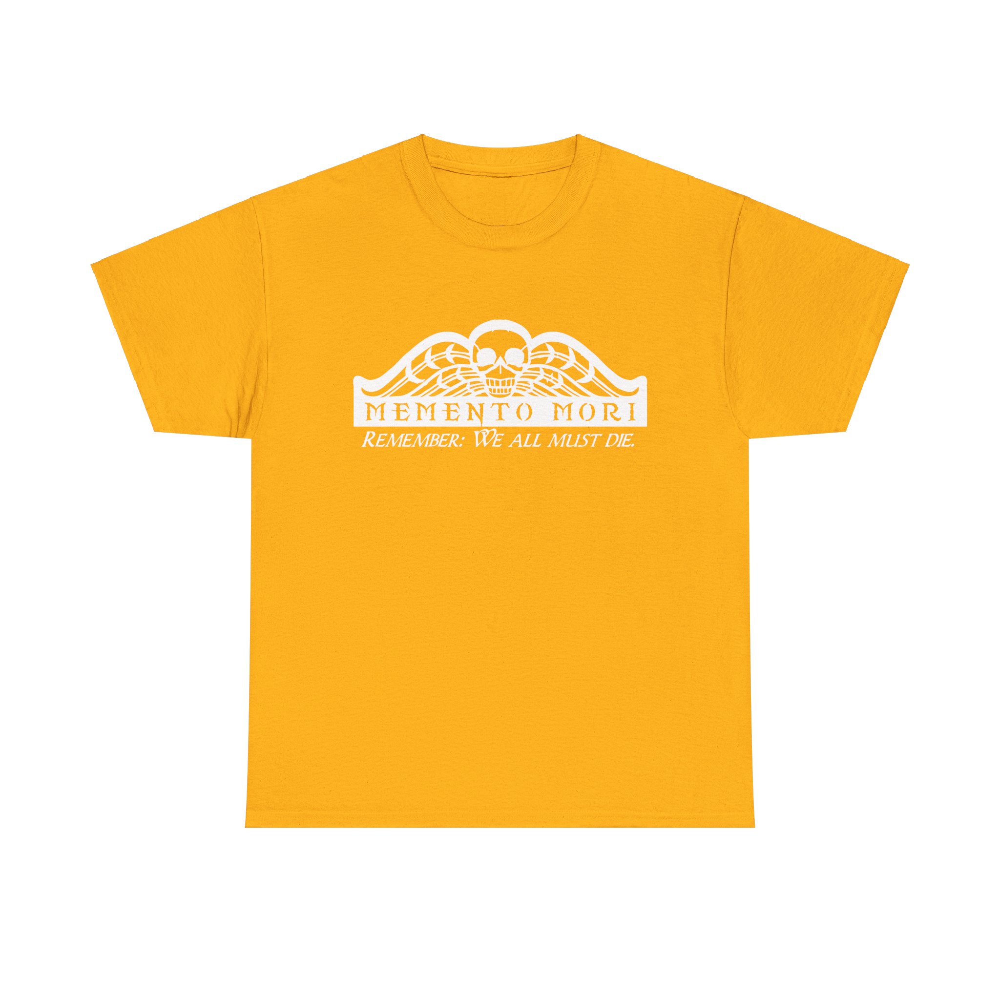 Memento Mori in white on a shirt in the color Gold - Memento Mary