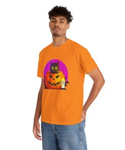 Cat O'Lantern on a tshirt in the color of Safety Orange - Memento Mary