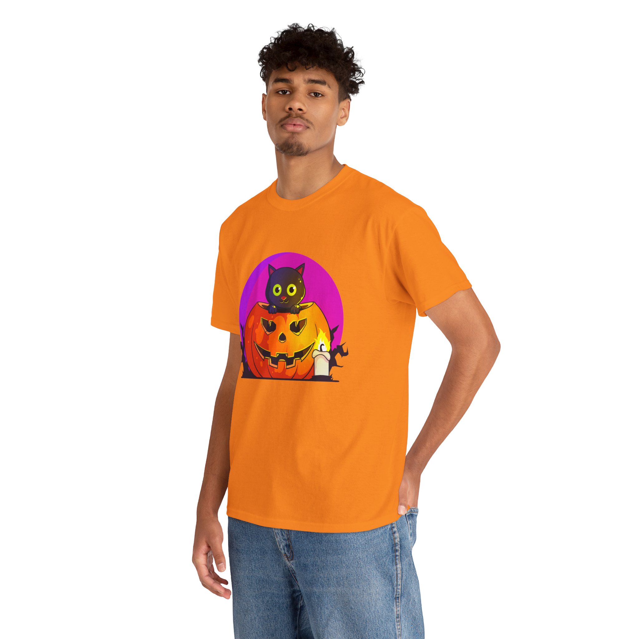 Cat O'Lantern on a tshirt in the color of Safety Orange - Memento Mary