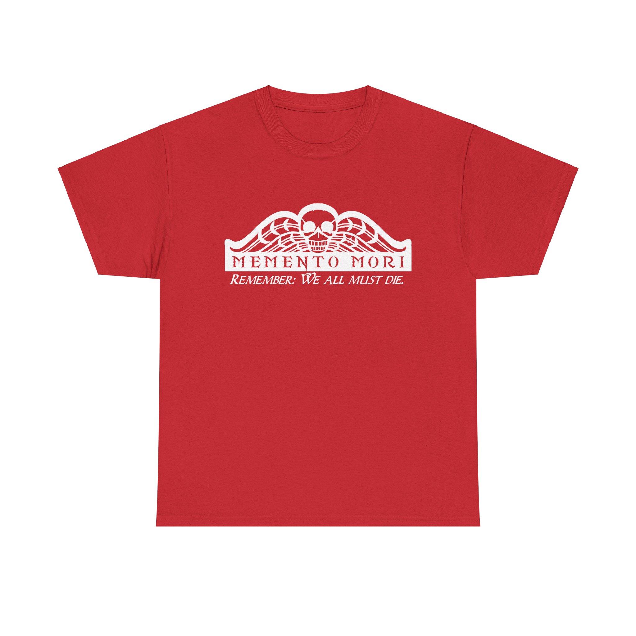 Memento Mori in white on a shirt in the color Red - Memento Mary