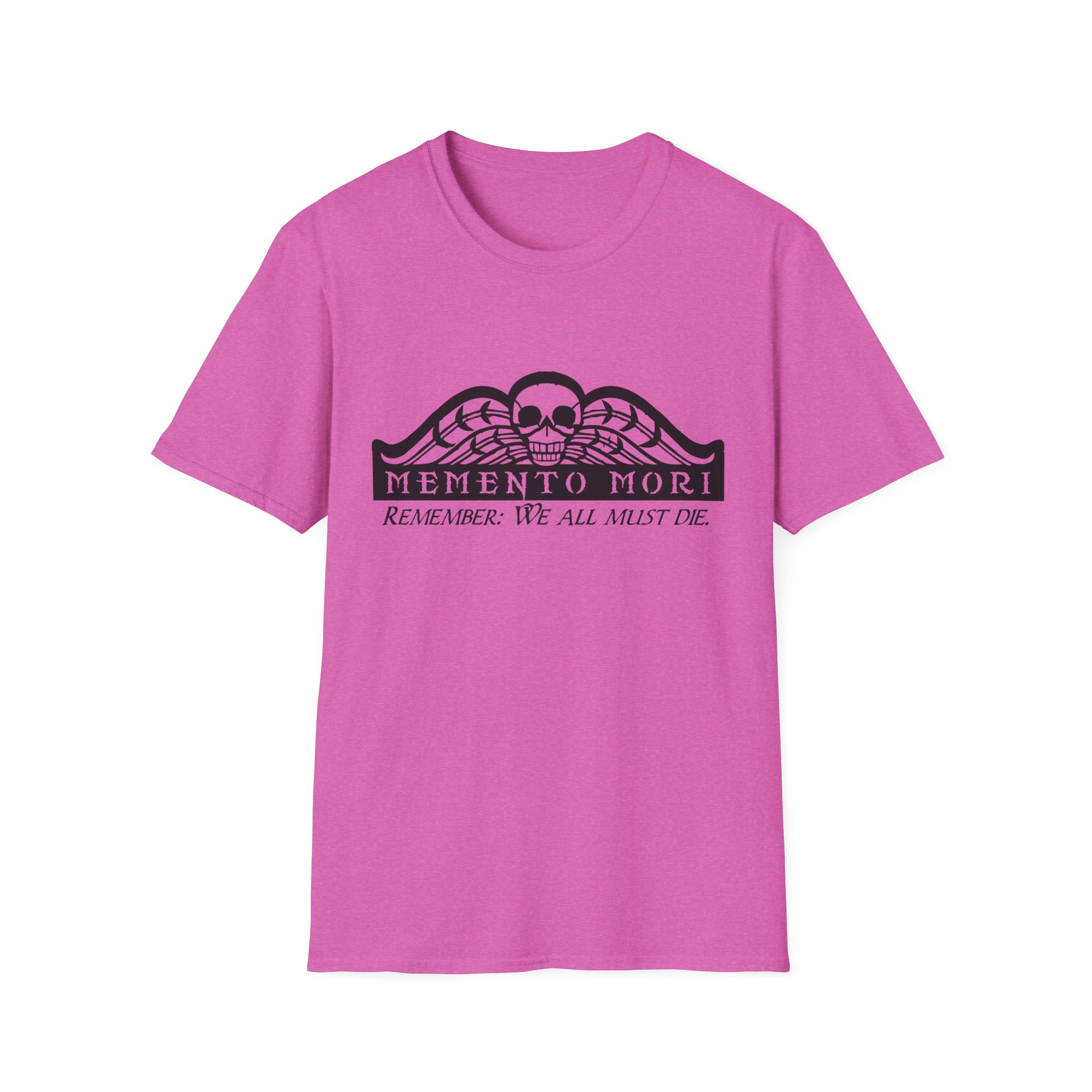 Memento Mori in black on a shirt in the color Heather Berry - Memento Mary