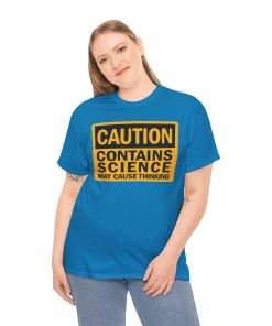 Caution, contains science! May cause thinking on a shirt in the color Sapphire - Memento Mary