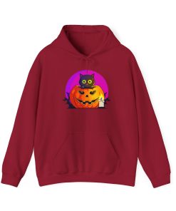 Cat O'Lantern on a hoodie in the color of Cardinal Red- Memento Mary
