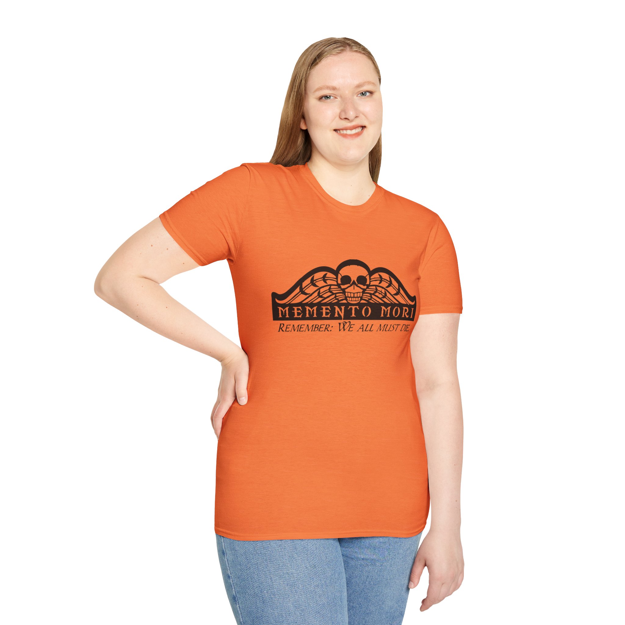 Memento Mori in black on a shirt in the color Heather Orange - Memento Mary