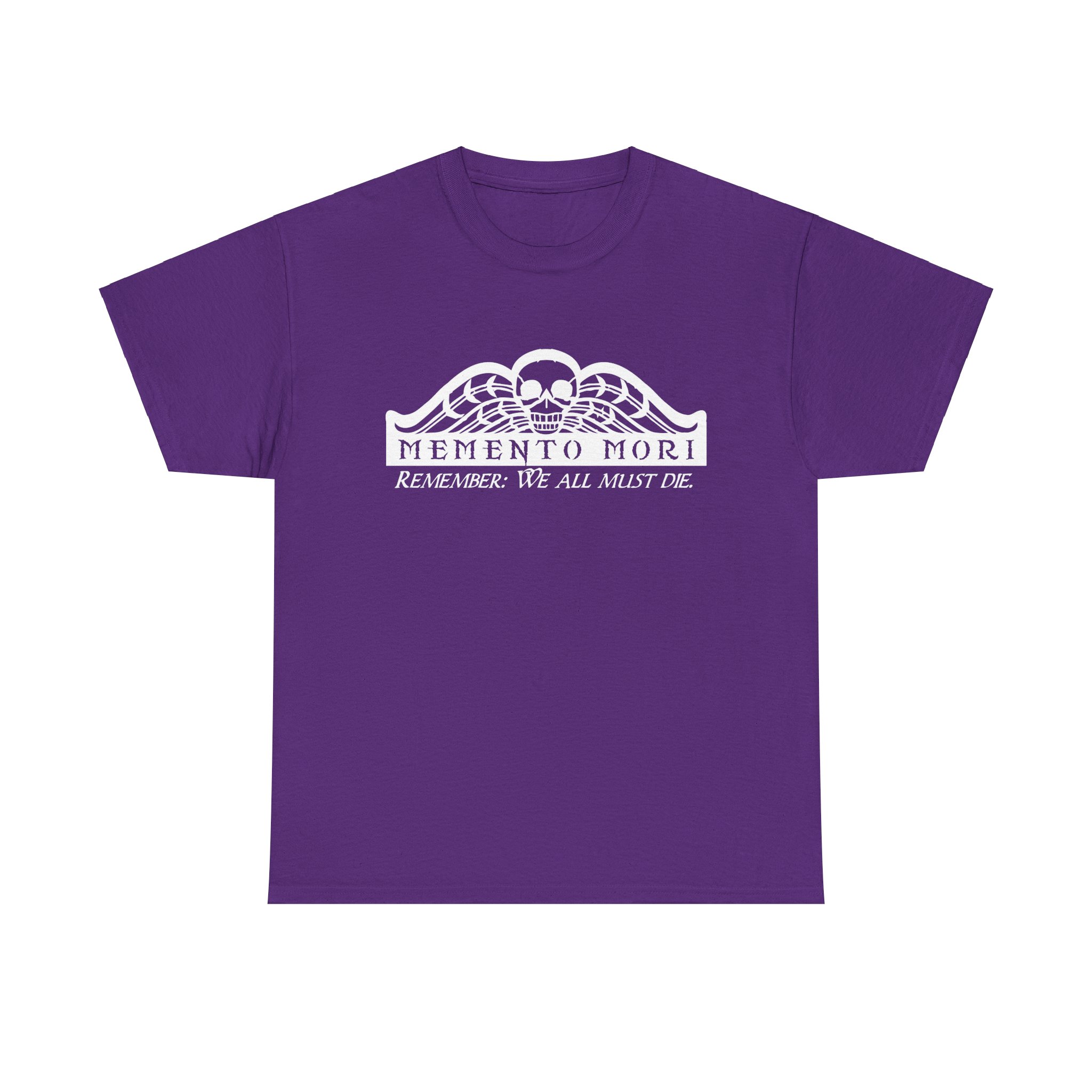 Memento Mori in white on a shirt in the color Purple - Memento Mary