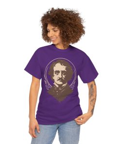 A portrait of Edgar Allen Poe in sepia on a shirt in the color Purple. - Memento Mary