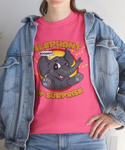 Elephant of Surprise! on a shirt in the color Safety Pink - Memento Mary