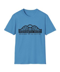 Memento Mori in black on a shirt in the color Heather Sapphire - Memento Mary