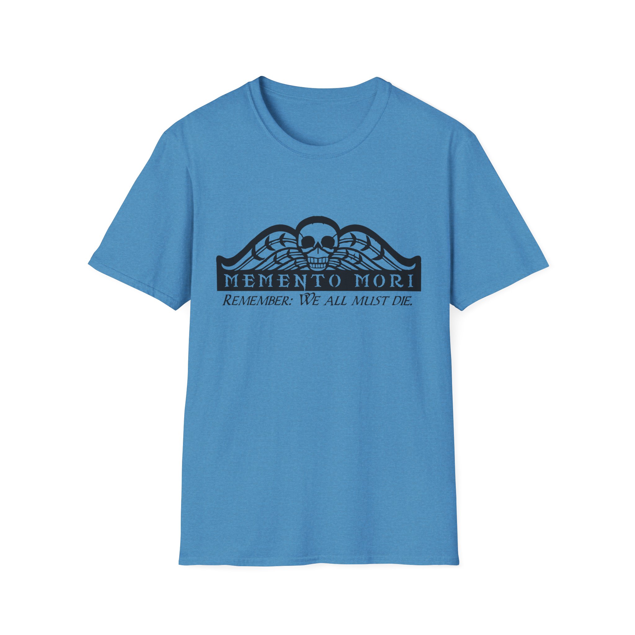 Memento Mori in black on a shirt in the color Heather Sapphire - Memento Mary