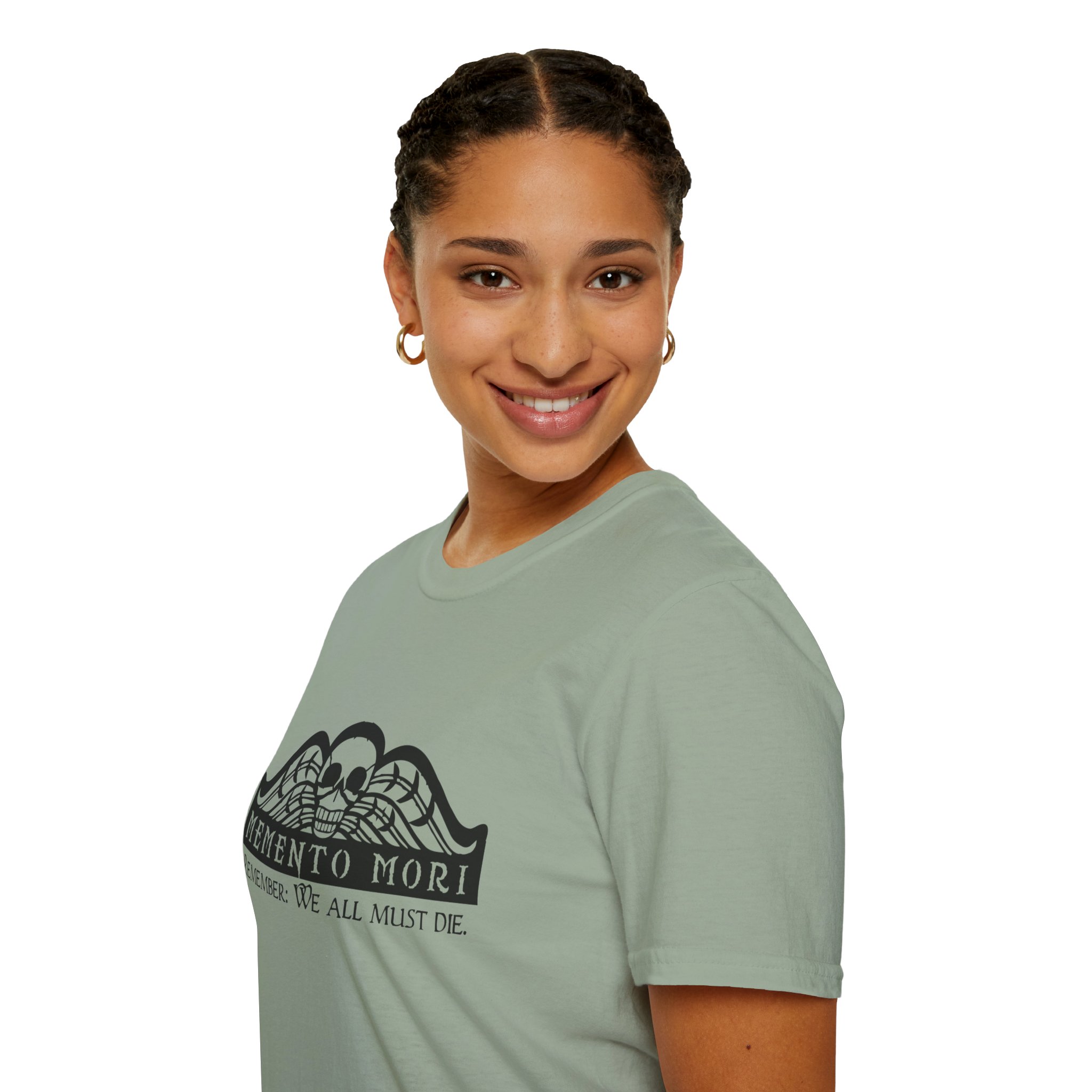 Memento Mori in black on a shirt in the color Sage - Memento Mary