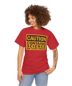 Caution, contains science! May cause thinking on a shirt in the color Red - Memento Mary