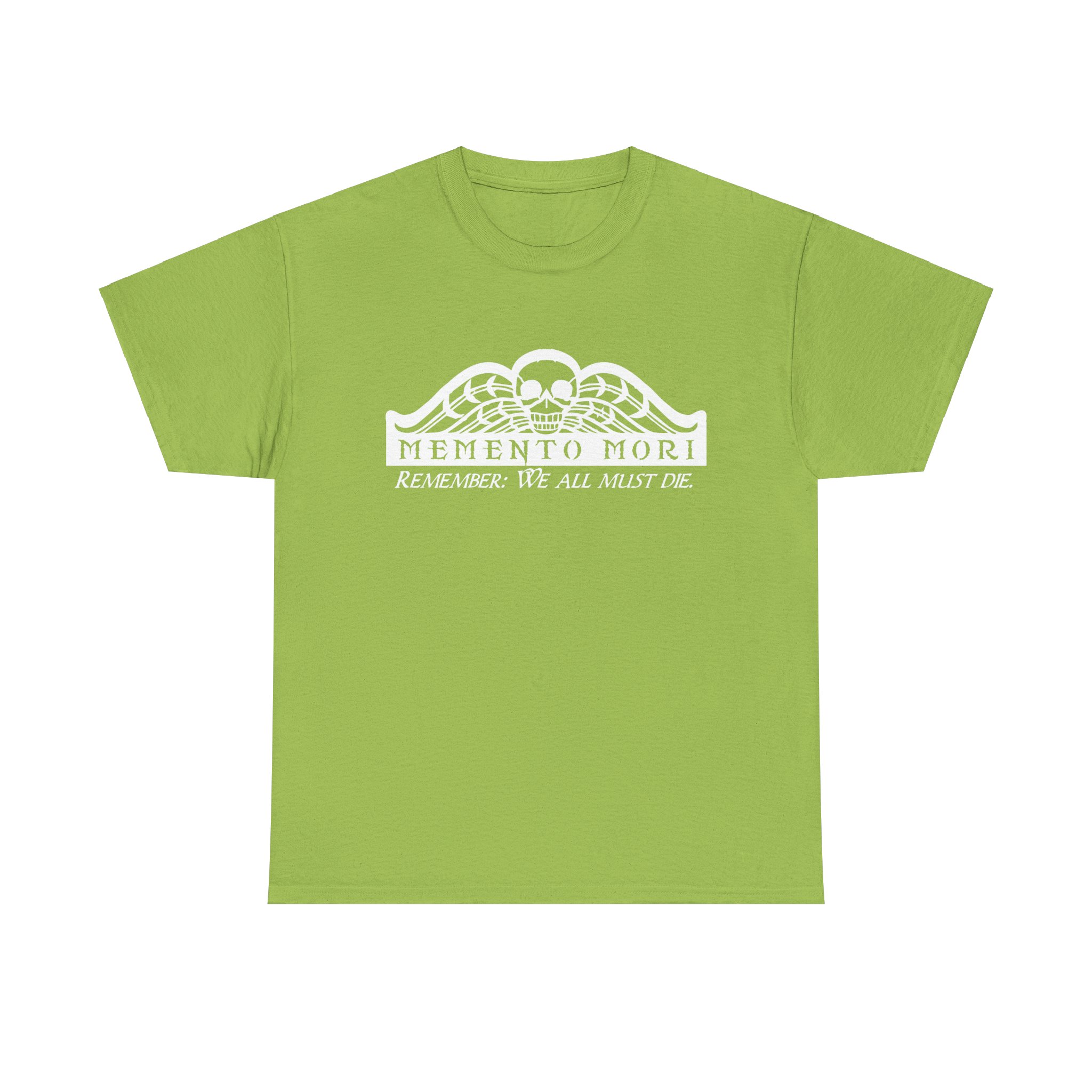 Memento Mori in white on a shirt in the color Kiwi - Memento Mary