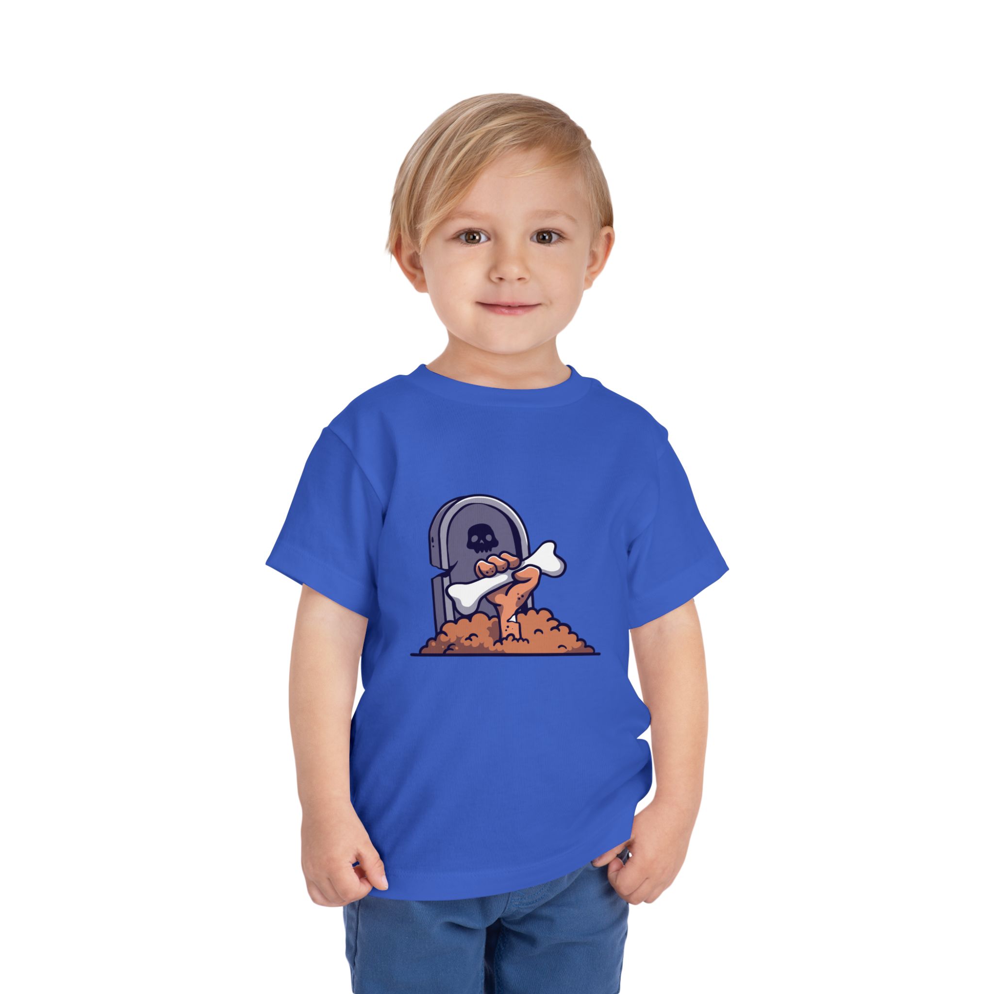 Zombie coming out of the ground in front of a tombstone on a shirt in the color Royal - Memento Mary