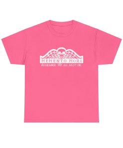 Memento Mori in white on a shirt in the color Safety Pink - Memento Mary