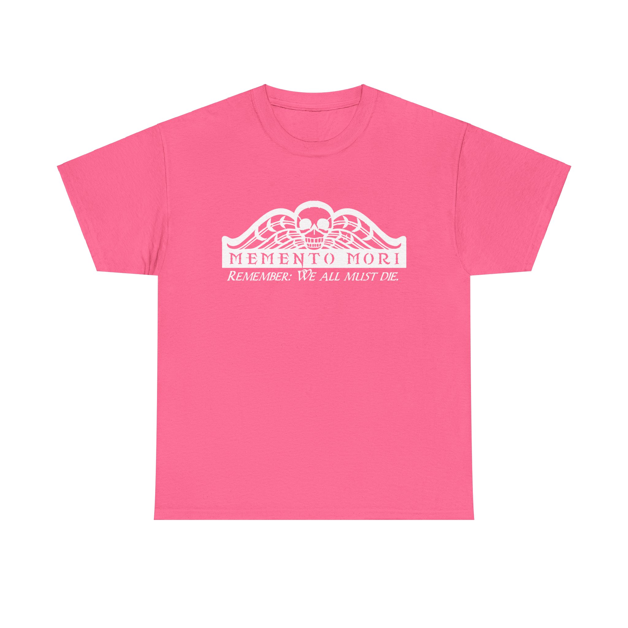 Memento Mori in white on a shirt in the color Safety Pink - Memento Mary