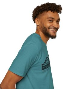 Memento Mori in black on a shirt in the color Heather Galapagos Blue - Memento Mary