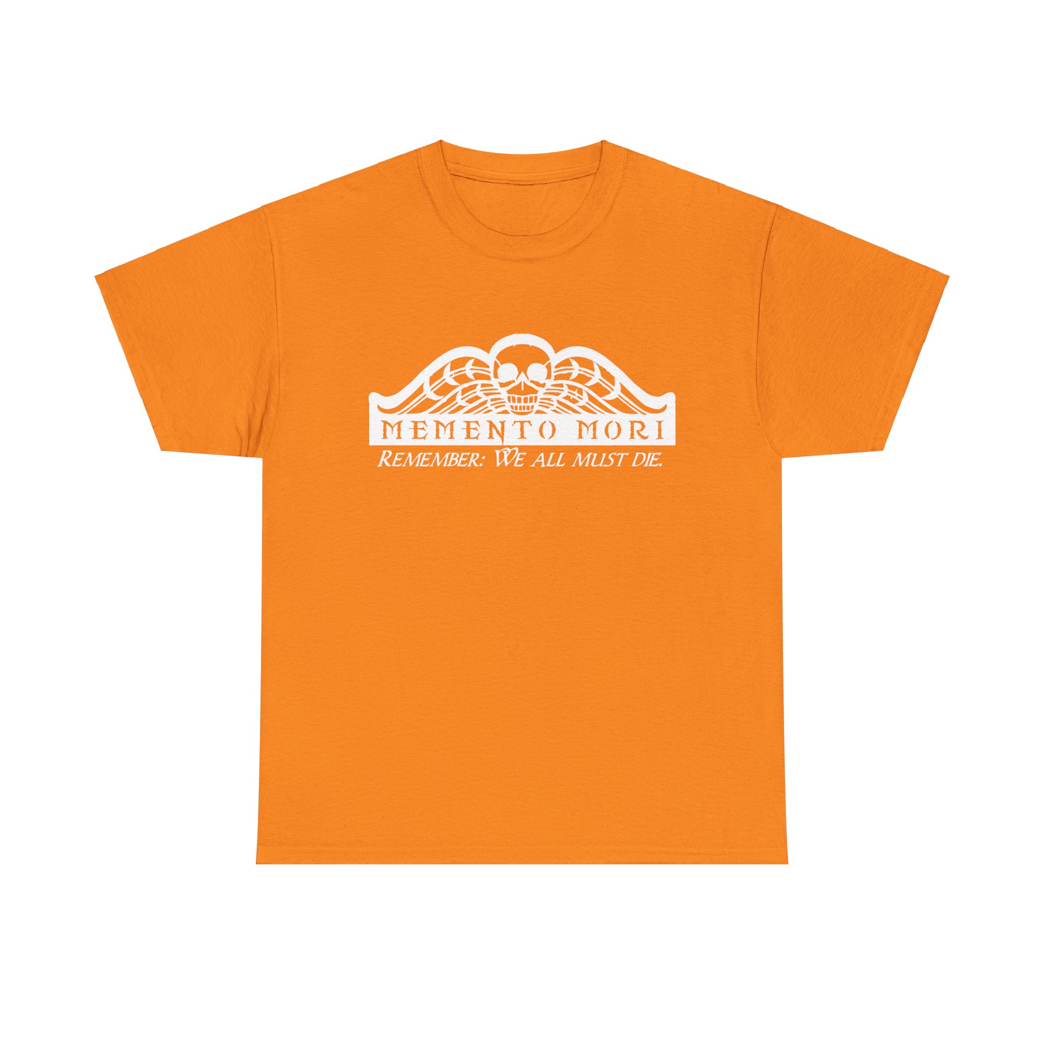 Memento Mori in white on a shirt in the color Safety Orange - Memento Mary