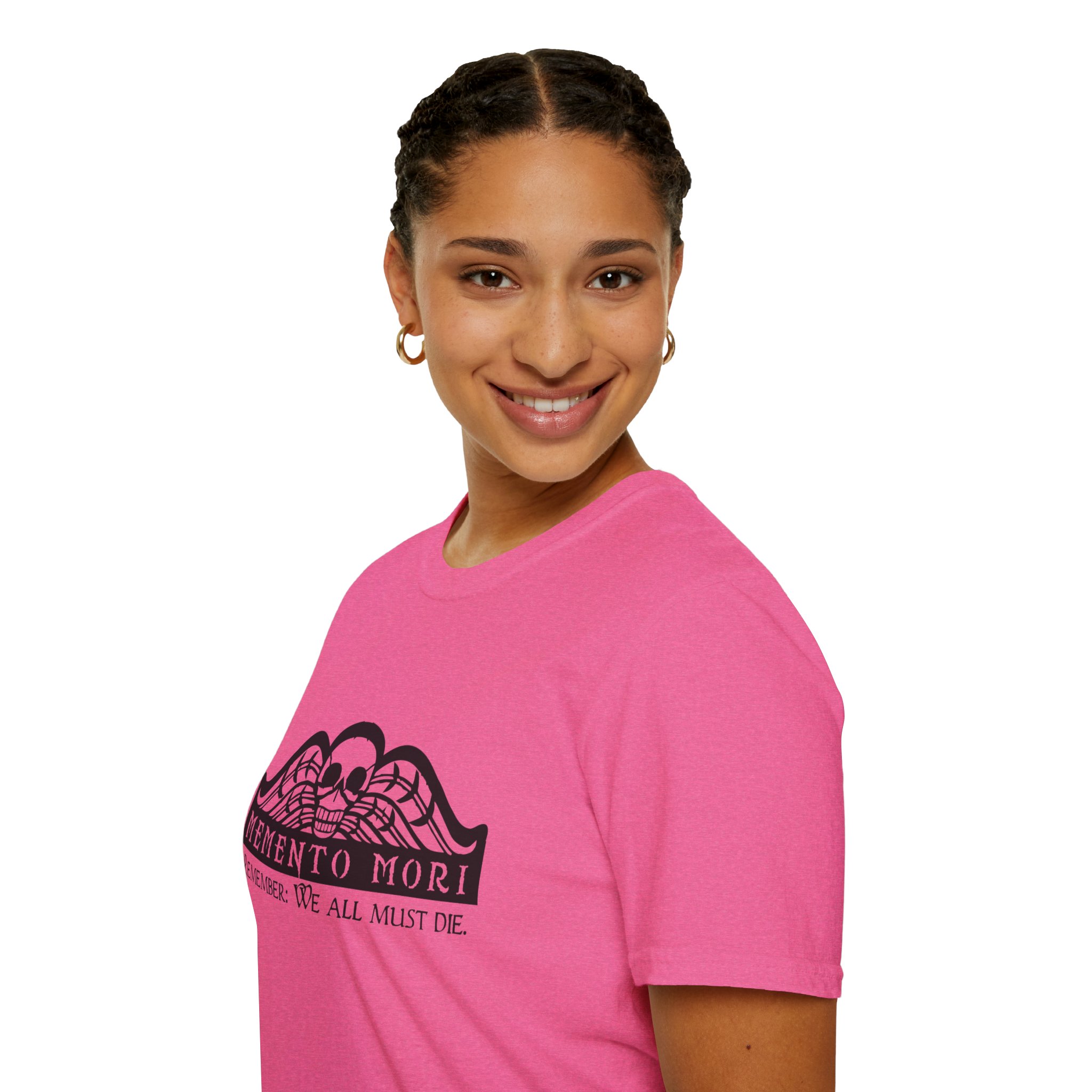 Memento Mori in black on a shirt in the color Heather Heliconia - Memento Mary