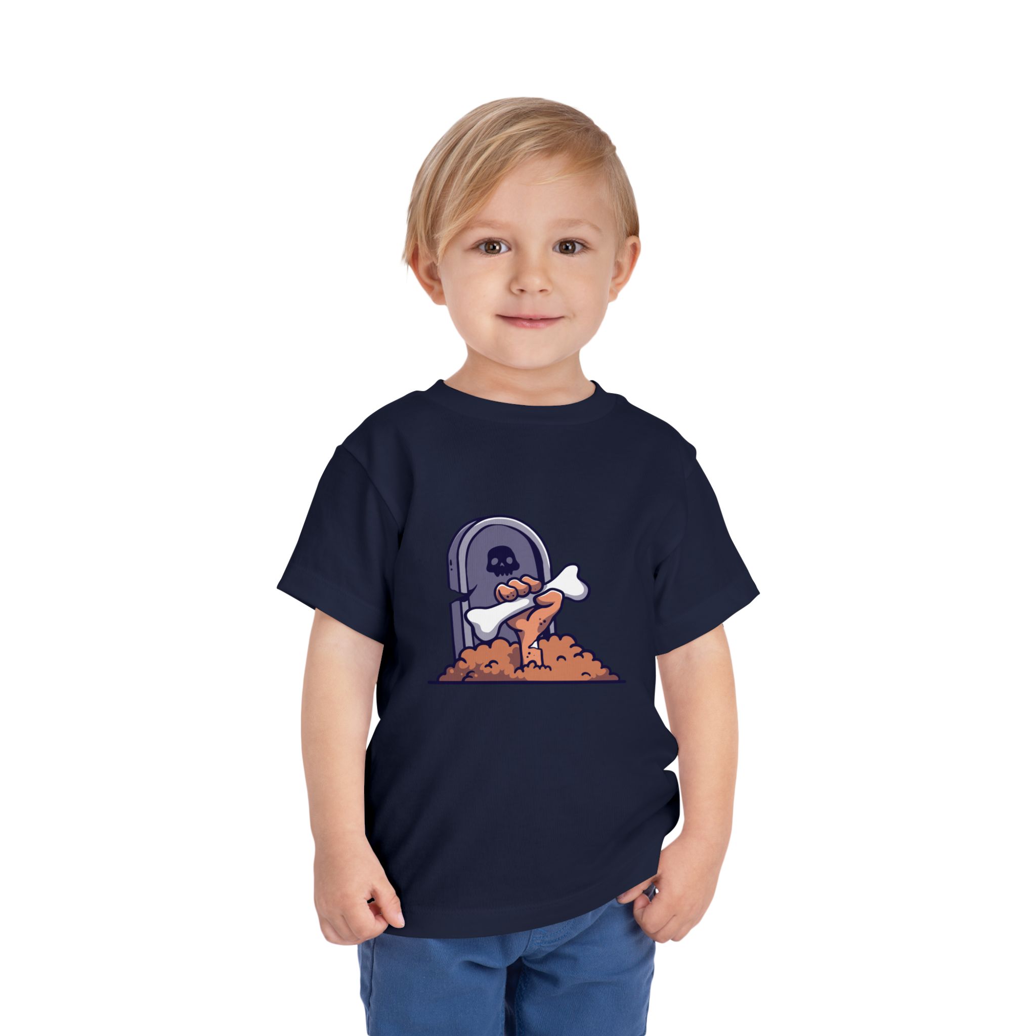Zombie coming out of the ground in front of a tombstone on a shirt in the color Navy - Memento Mary