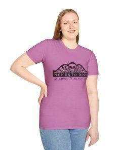 Memento Mori in black on a shirt in the color Heather Radiant Orchid - Memento Mary