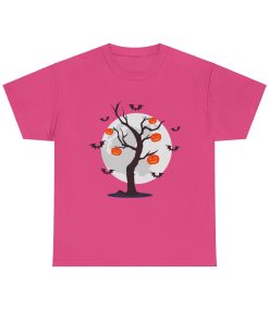 Bats Around The Pumpkin Tree on a tshirt in the color of Heliconia - Memento Mary