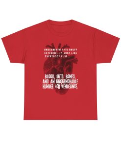 BloodGutsBones on a shirt in the color red - Memento Mary